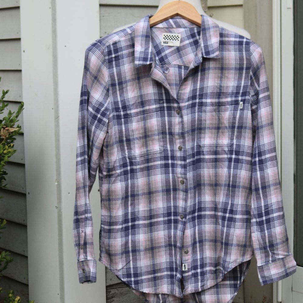 VANS Blue Grey Pink Plaid Classic Cotton Flannel Shirt Sz MEDIUM